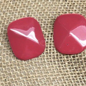 Rounded Rectangular Pierced Earrings As Is Dark Pink Enamel Retro BoHo